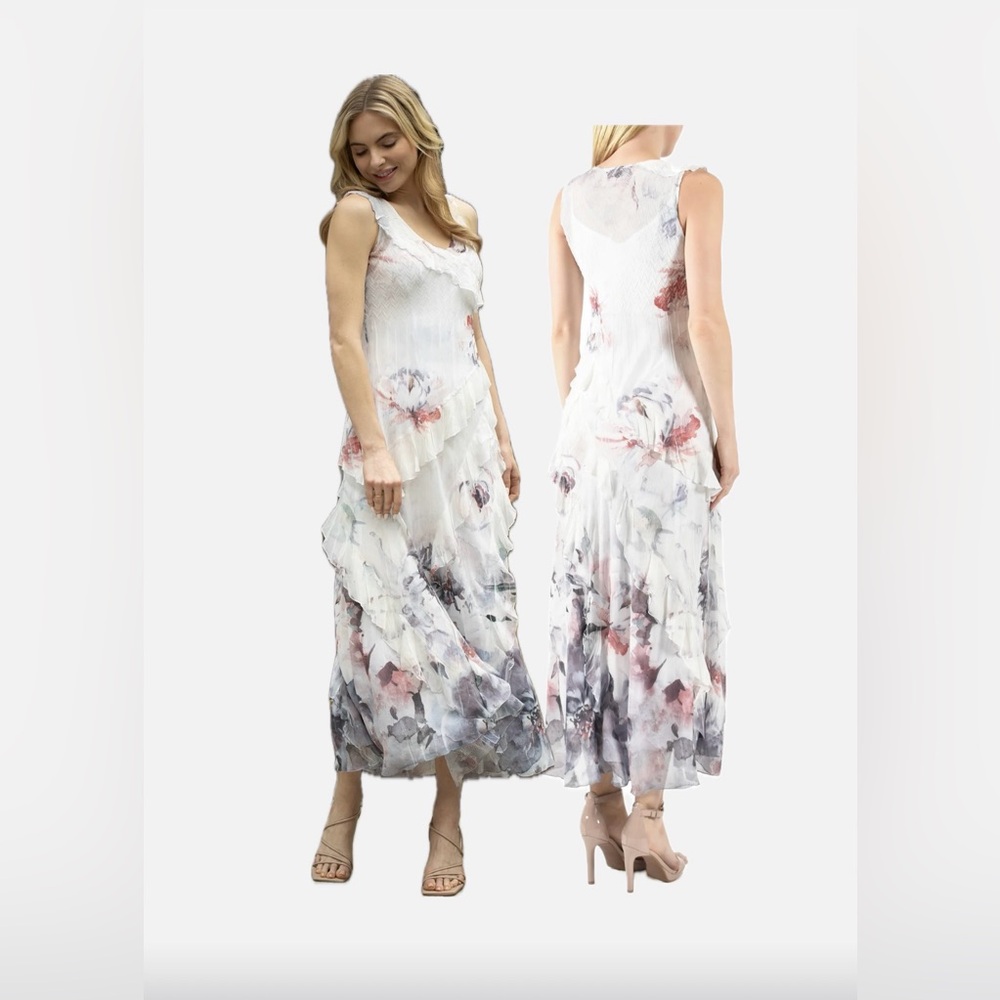 Komarov Women’s Sleeveless Ruffle Floral Maxi Dress NWOT size Small lightweight
